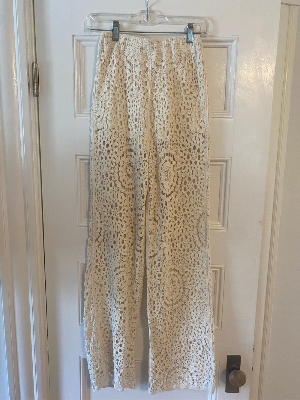 Light Cream Crochet Wide-Leg Pants - Boho Knit Palazzo